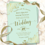 Guld Frills Elegant Neo Mint Grönt Bröllop Inbjudningar<br><div class="desc">Den här vackra bröllopsinbjudan har en enkel men ändå elegant utformning med lacy script calligraphy på en nybörjare grönt färgad bakgrund och faux faux-folie från guld i hörnen. Ordalydelsen är formell,  men utformningen är modern och snyggten.</div>