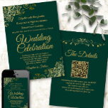 Guld Frills Emerald Grönt Elegant QR Code Bröllop Inbjudningar<br><div class="desc">Den vackra bröllopsinbjudan är snyggt, enkel och elegant. Den har skriptbokstäver i guld på en bakgrundsbild av en grönt med blommigt faux-folie i varje hörn. Den understrukna utformningen kompenseras av konstverkets normala kylfrys och virvlar. På baksidan finns anpassadet QR-kod och detaljinformation så att du kan skicka gästerna till en webbplats...</div>