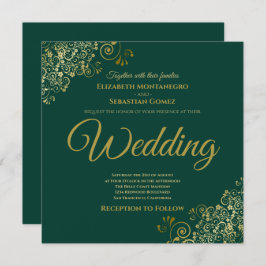 Guld Frills Emerald Grönt Elegant Square Bröllop Inbjudningar