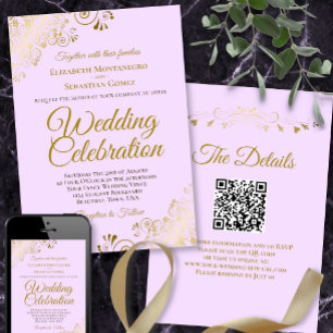 Guld Frills & Lilac Lila Elegant QR Code Bröllop Inbjudningar