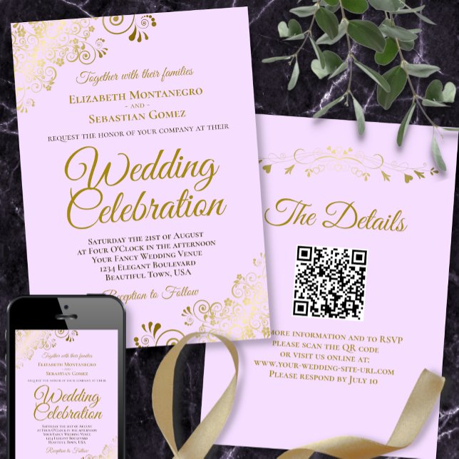 Guld Frills & Lilac Lila Elegant QR Code Bröllop Inbjudningar (Skapare uppladdad)