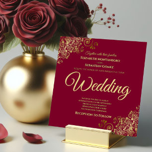 Guld Frills Maroon Burgundy Elegant Square Bröllop Inbjudningar