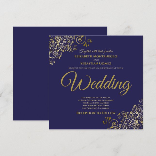 Guld Frills Navy Blue Elegant Square Bröllop Inbjudningar (Fram/baksida)