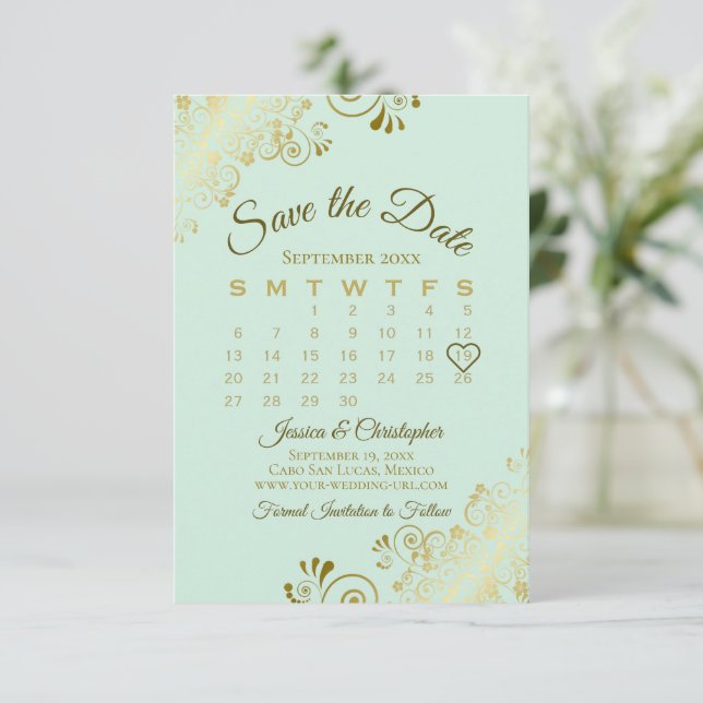 Guld Frills Neo Mint Grönt Chic Bröllop Kalender Spara Datumet (Stående Fram)