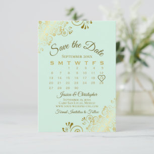 Guld Frills Neo Mint Grönt Chic Bröllop Kalender Spara Datumet