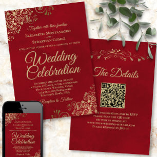 Guld Frills on Crimson Red Elegant QR Code Bröllop Inbjudningar
