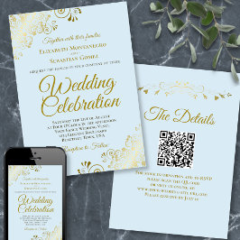 Guld Frills on Powder Blue Elegant QR-koden Bröllo Inbjudningar