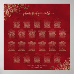 Guld Frills on Red 22 Bord Bröllop Seating Chart Poster