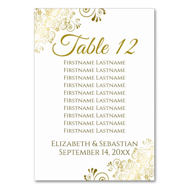 Guld Frills on White Elegant bröllop Seating Chart Bordsnummer (Baksidan)