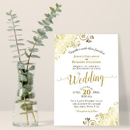 Guld Frills on White Elegant Calligraphy Bröllop Inbjudningar