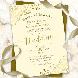Guld Frills på Cream Elegant Calligraphy Bröllop Inbjudningar