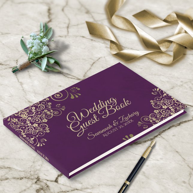 Guld Frills på Deep Plum Lila Elegant bröllop Gästböcker (Skapare uppladdad)