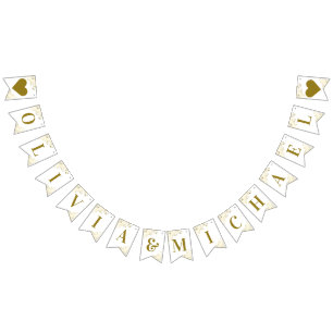 Guld Frills på Eleganten White Bröllop Couple Namn Vimplar