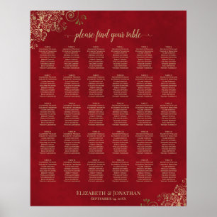 Guld Frills på Röda 30-Bord Bröllop-sätesschemat Poster