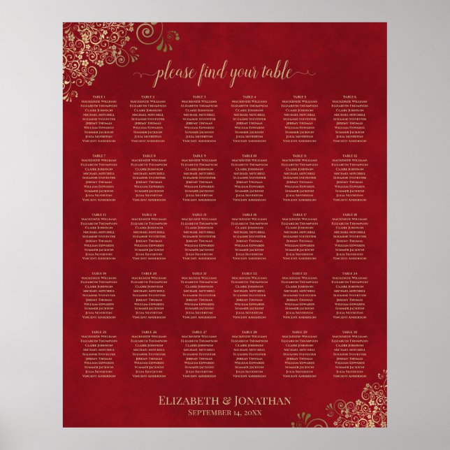 Guld Frills på Röda 30-Bord Bröllop-sätesschemat Poster (Framsidan)
