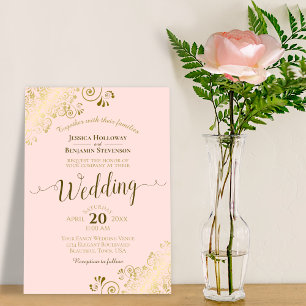 Guld Frills Rosa Elegant Calligraphy Bröllop Inbjudningar