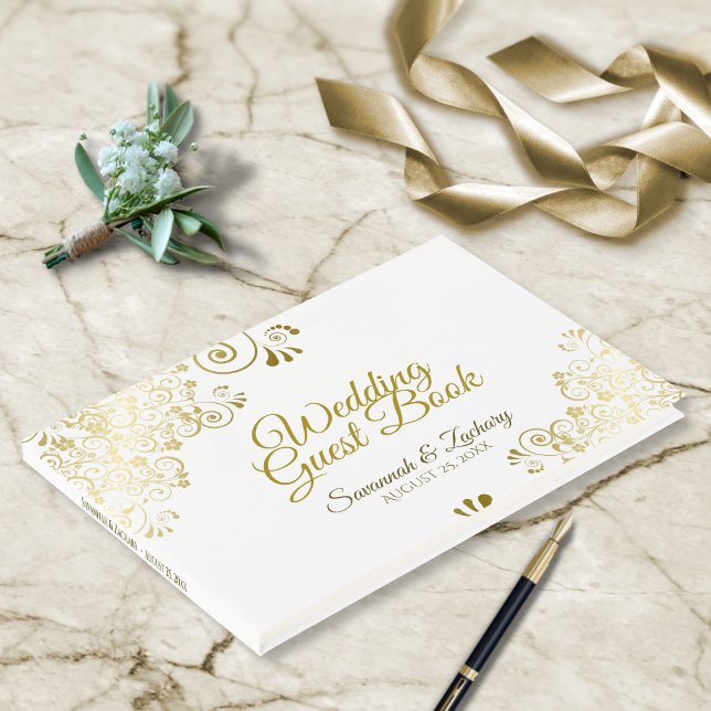 Guld Frilly Filigree Elegant bröllop Gästböcker (Skapare uppladdad)