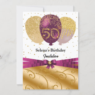 Guld, Fuchsia Balloons & Silke Ribbon 50:e födelse Inbjudningar