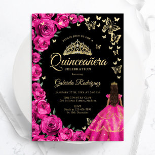 Guld Fuchsia Rosa ros Butterflies Quinceanera Inbjudningar