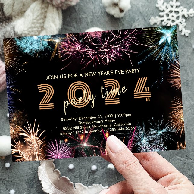 Guld fyrverkeri Nyårsfest Inbjudan (2024 Gold Fireworks New Year's Eve Party Invitation)