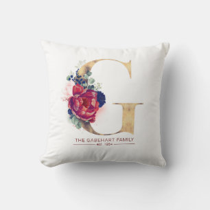 Guld G Monogram Blommigt Burgundy Red och Navy Blu Kudde