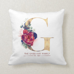 Guld G Monogram Blommigt Burgundy Red och Navy Blu Kudde