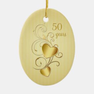 Guld- gådd med bröllopsdag för hjärtor 50th julgransprydnad keramik