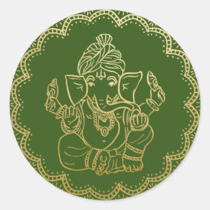 Guld Ganesh Indisk Gud Grön Bröllop Runt Klistermärke