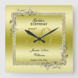 Guld Gem & Glitter 50:e Golden Birthday Fyrkantig Klocka