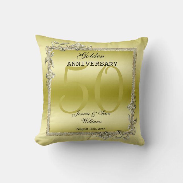 Guld Gem & Glitter 50:e Golden Bröllop-årsdagen Kudde (Framsida)