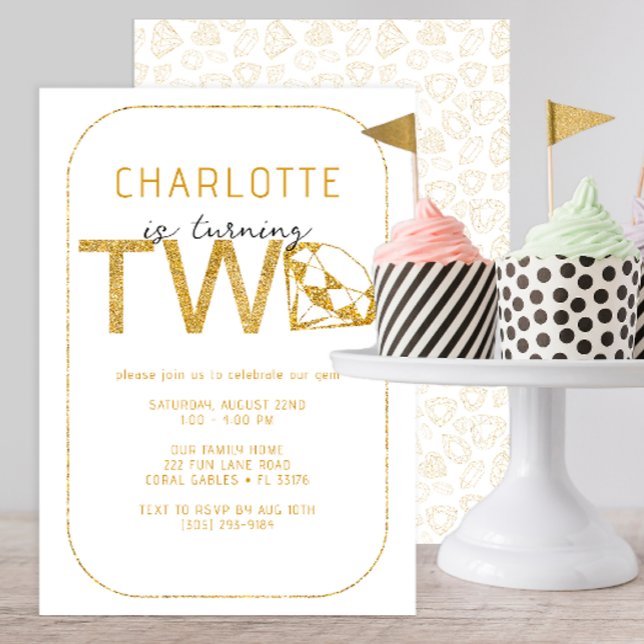 Guld Gem Gnistra 2:a födelsedagsinbjudan Inbjudningar (glitter gold 2nd birthday party invitation)