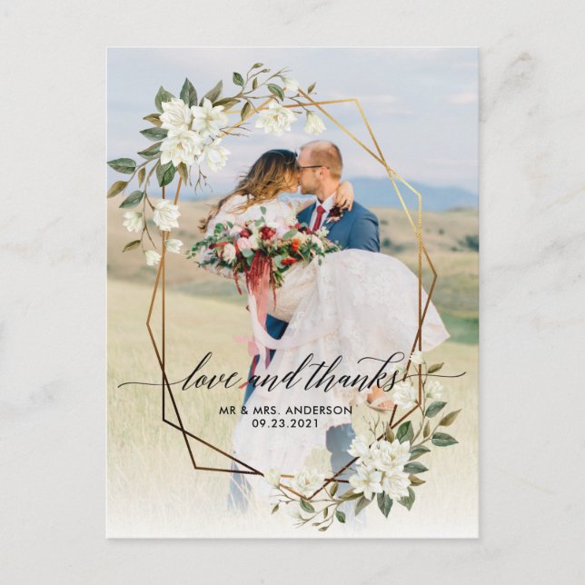 Guld Geo Ram Magnolia Photo Bröllop Tack Vykort (Framsida)