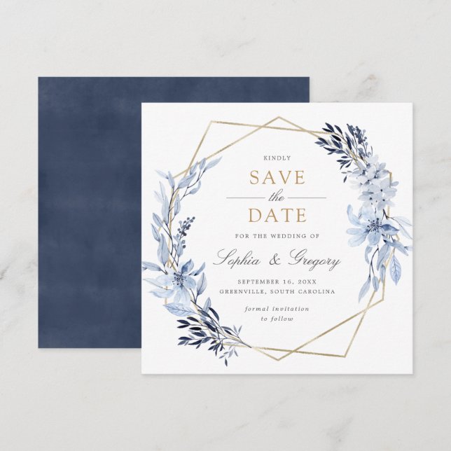 Guld Geometric Blommigt Blue Löv Spara datum Inbjudningar (Fram/baksida)