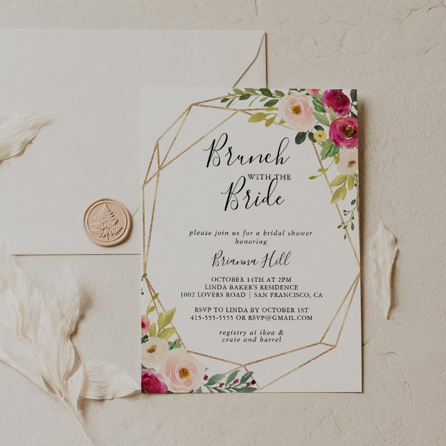 Guld Geometric Blommigt Brunch med Bride Shower Inbjudningar (Skapare uppladdad)