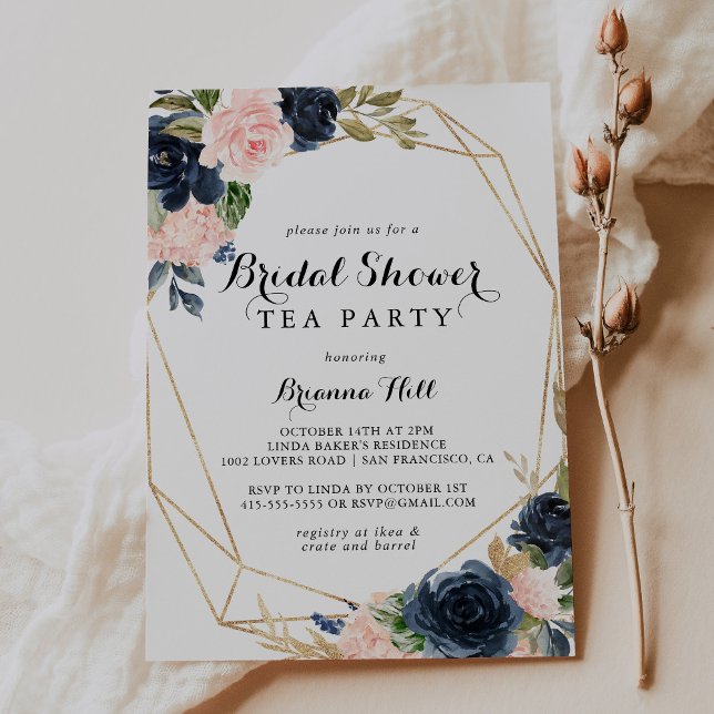 Guld Geometric Blommigt Möhippa Tea Party Inbjudningar (Skapare uppladdad)