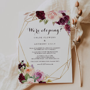 Guld Geometric Burgundy Blommigt Elopement Recepti Inbjudningar