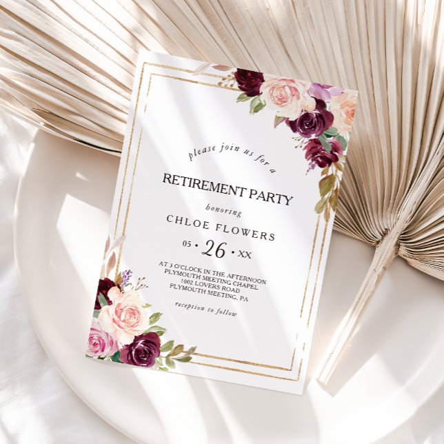 Guld Geometric Burgundy Blommigt Pension Party Inbjudningar (Skapare uppladdad)