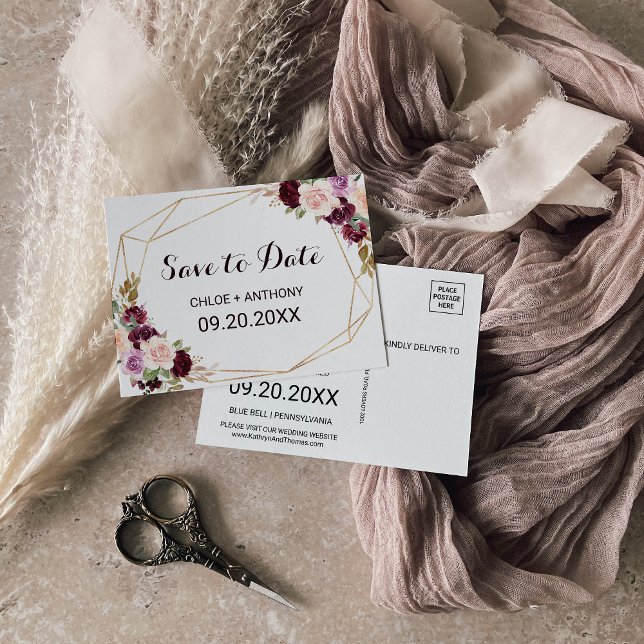 Guld Geometric Burgundy-Blommigt Spara datumkortet Vykort (Skapare uppladdad)