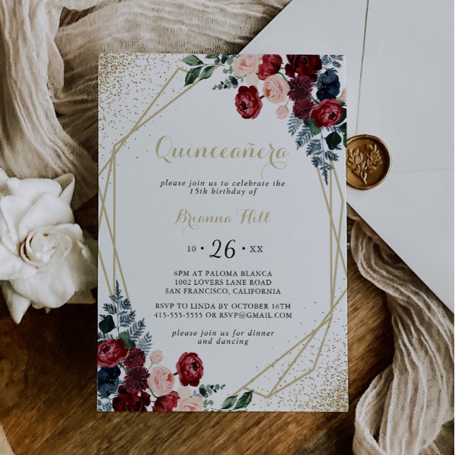 Guld Geometric Burgundy Navy Blommigt Quinceañera Inbjudningar (Skapare uppladdad)