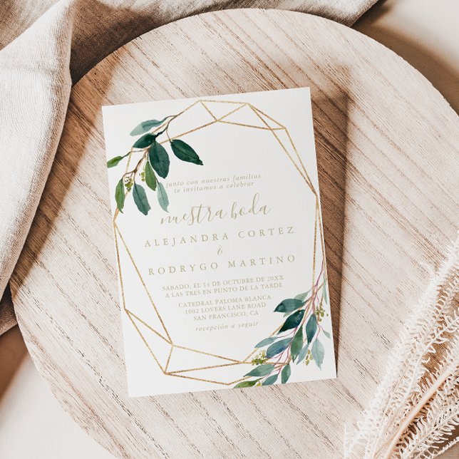 Guld Geometric Chic Eucalyptus Nuestra Boda Inbjudningar (Skapare uppladdad)
