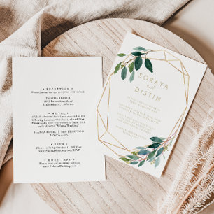 Guld Geometric Chic Foliage Back & Front Bröllop Inbjudningar