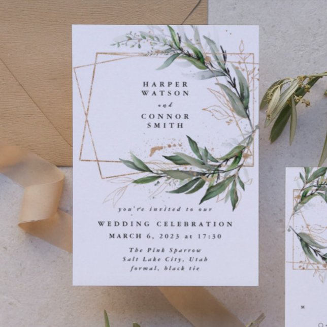 Guld Geometric Eucalyptus Elegant Greenery Moss Inbjudningar (Skapare uppladdad)