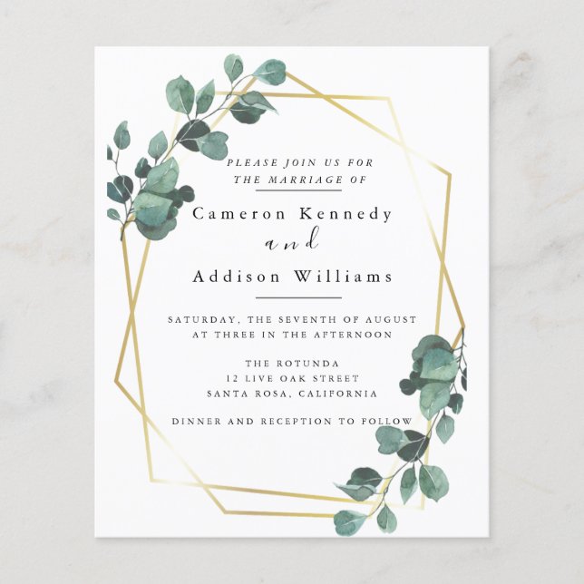 Guld Geometric, Eucalyptus Greenery Bröllop Flygblad (Framsidan)