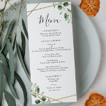 Guld Geometric Eucalyptus Greenery Bröllop Meny<br><div class="desc">Det här anpassade Menu är designat att samordna med vår Moody Grey bröllop-samling och har en grönt eucalyptus vattenfärgsblad accentuerad med ett guld-geometriskt ram med grått-text. Om du vill göra avancerade ändringar går du till alternativet "Klicka för att anpassa ytterligare" under Anpassa den här mallen.</div>