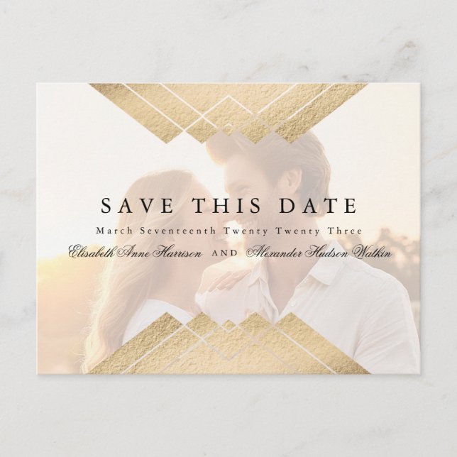 Guld Geometric Gatsby Save Date-övertäckningsfotot Meddelande Vykort (Framsida)