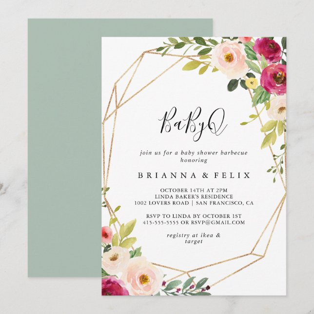 Guld Geometric Greenery BabyQ Baby Shower Barbecue Inbjudningar (Fram/baksida)