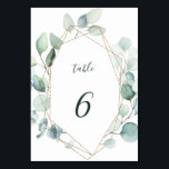Guld Geometric Greenery Foliage Bröllop Bordsnummer<br><div class="desc">Det här bordsnumret i bröllop har färgat eucalyptus med vattenfärg och löv med botanisk grönt med guld geometrisk ram. Om du vill ha en mer avancerad anpassning av den här designen klickar du på Anpassa ytterligare för att ändra teckensnitt,  storleka och färg.</div>