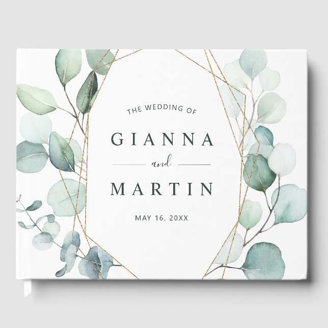 Guld Geometric Greenery Foliage Bröllop Gästböcker (Framsida)