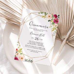 Guld Geometric Greenery Rosa Blommigt Quinceañera Inbjudningar