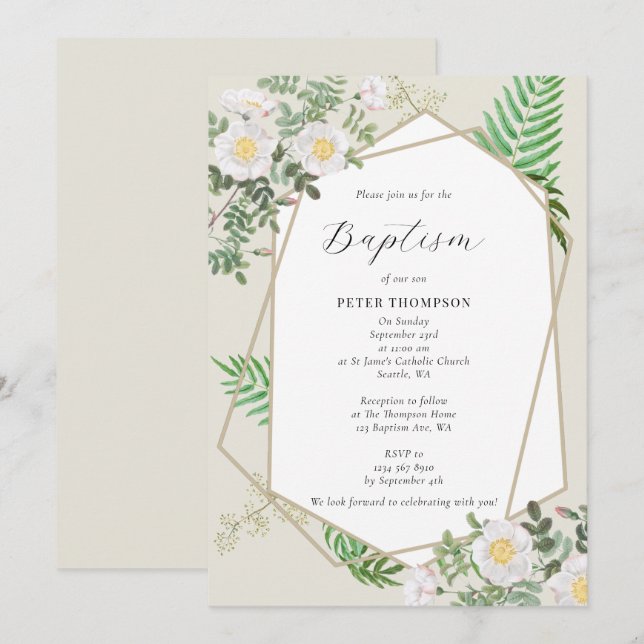 Guld Geometric Greenery Vit ros Baptism Inbjudningar (Fram/baksida)